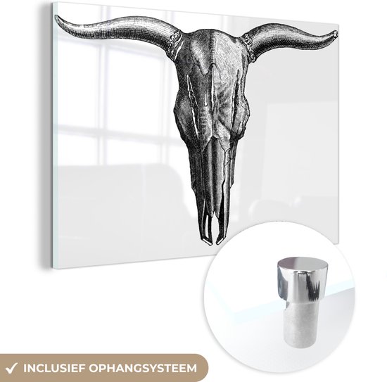 MuchoWow® Glasschilderij 180x120 cm - Schilderij acrylglas - Stier - Schedel - Wit - Foto op glas - Schilderijen