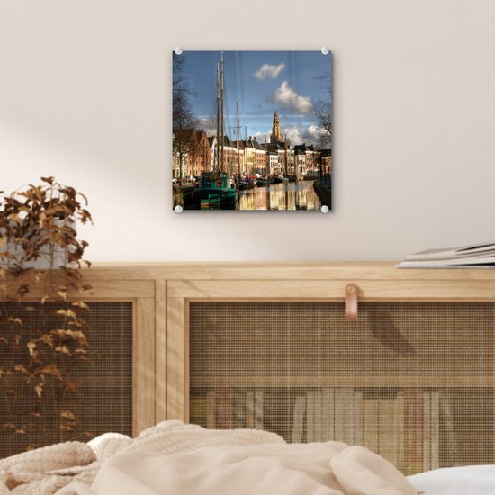 MuchoWow® Peinture sur verre - Groningen - Maison du canal - Voilier - 20x20 cm - Peintures sur verre acrylique - Photo sur Glas