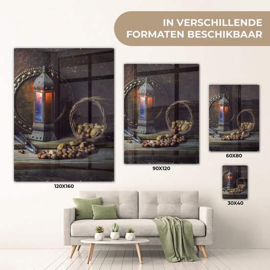 MuchoWow® Peinture sur verre 120x160 cm - Peinture sur verre acrylique - Boek - Nature morte - Noyer - Lanterne - Vintage - Photo sur verre - Peintures