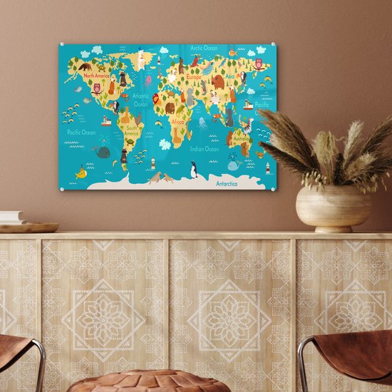 MuchoWow® Tableau sur verre 60x40 cm - Tableau sur verre acrylique - Wereldkaart - Enfants - Animaux - Jaune - Blauw - Garçons - Filles - Photo sur verre - Décoration murale salon - Décoration murale chambre - Peintures