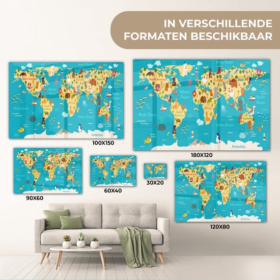 MuchoWow® Tableau sur verre 60x40 cm - Tableau sur verre acrylique - Wereldkaart - Enfants - Animaux - Jaune - Blauw - Garçons - Filles - Photo sur verre - Décoration murale salon - Décoration murale chambre - Peintures