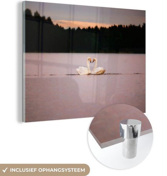 MuchoWow® Glasschilderij 40x30 cm - Schilderij acrylglas - Zwanen - Water - Bomen - Foto op glas - Schilderijen