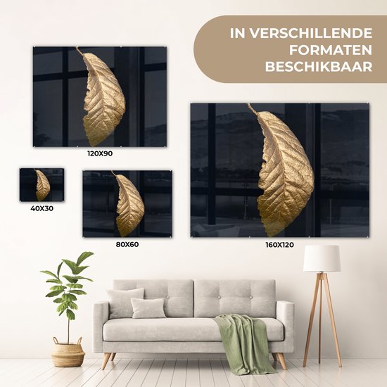 MuchoWow® Glasschilderij 40x30 cm - Schilderij acrylglas - Bladeren - Luxe - Goud - Zwart - Natuur - Foto op glas - Schilderijen