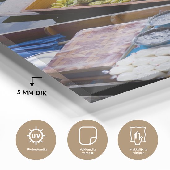 Peinture sur verre MuchoWow® 80x120 cm - Peinture acrylique sur verre - Bateaux flottants au marché en Thaïlande - Photo sur verre - Peintures