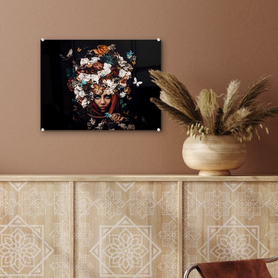 Peinture sur Verre - Fleurs - Papillon - Femmes - Foulard - 40x30 cm - Peintures sur Verre Peintures - Photo sur Glas