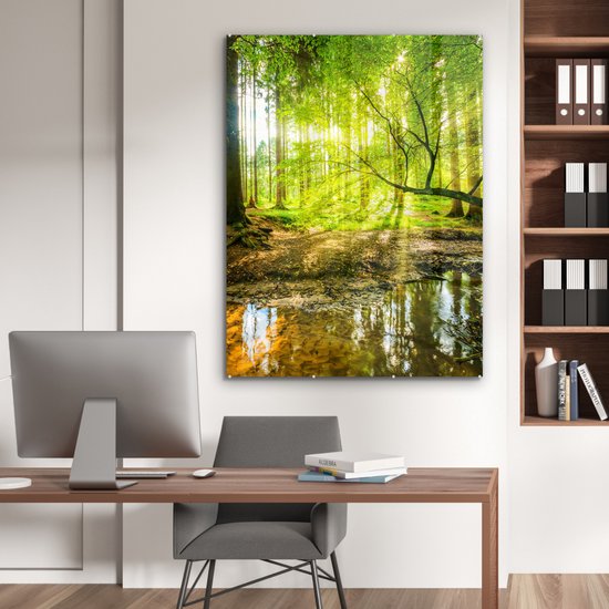 Glasschilderij - Acrylglas - Bos - Zon - Rivier - Wanddecoratie - Glasschilderij binnen - Foto op glas - 90x120 cm - Schilderij - Glasschilderij natuur