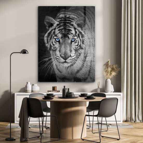 Peinture sur verre - Photo sur verre - Verre acrylique - Animaux - Tigre - Yeux - Blauw - 90x120 cm - Peinture sur verre tigre - Peinture sur verre noir et blanc - Décoration murale verre - Décoration murale animaux