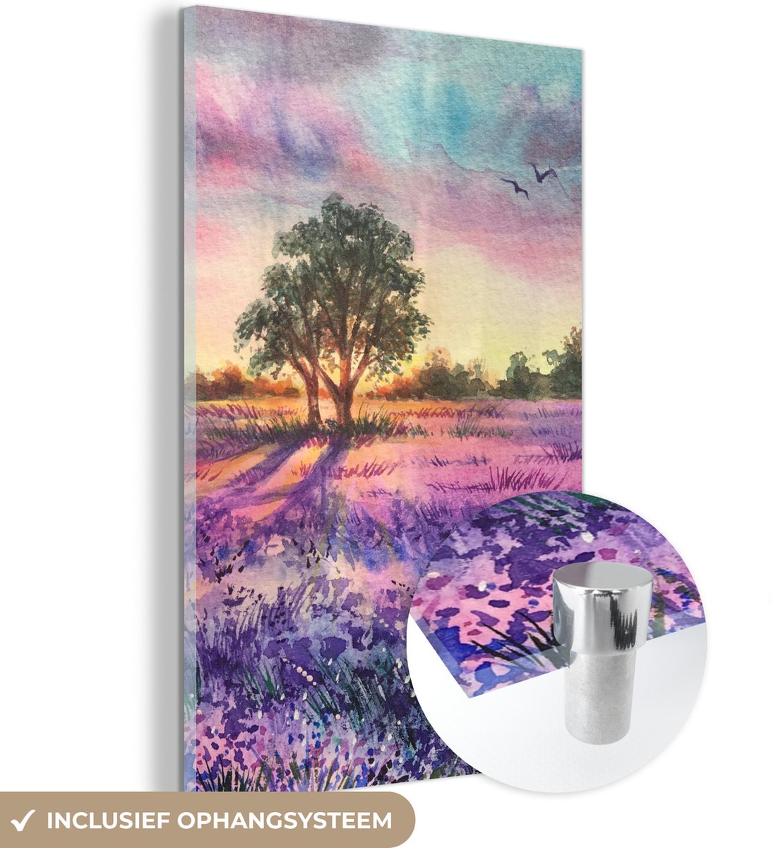 Glasschilderij - Lavendel - Verf - Bloemen - Vogel - Bomen - Foto op glas - Muurdecoratie 