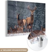 MuchoWow - Glasschilderij - Herten - Landschap - Dieren - Winter - Sneeuw - Acrylglas - Schilderij op glas - 180x120 cm - Glas schilderij - Wanddecoratie - Schilderijen woonkamer