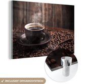 MuchoWow® Glasschilderij 90x60 cm - Schilderij acrylglas - Koffie - Heet - Koffiebonen - Foto op glas - Schilderijen