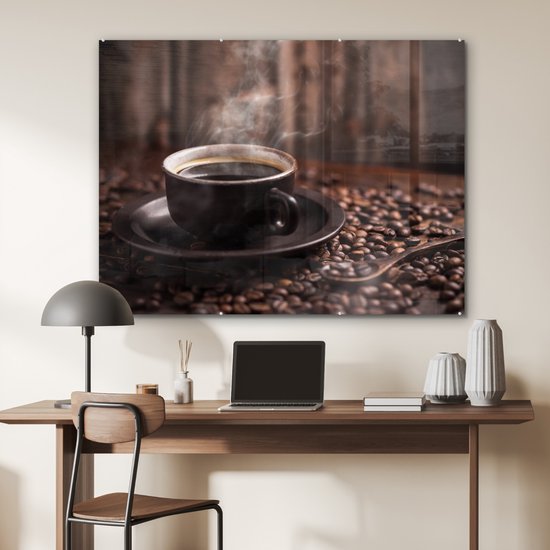 MuchoWow® Peinture sur verre 120x90 cm - Peinture sur verre acrylique - Café - Chaud - Grains de café - Photo sur verre - Peintures