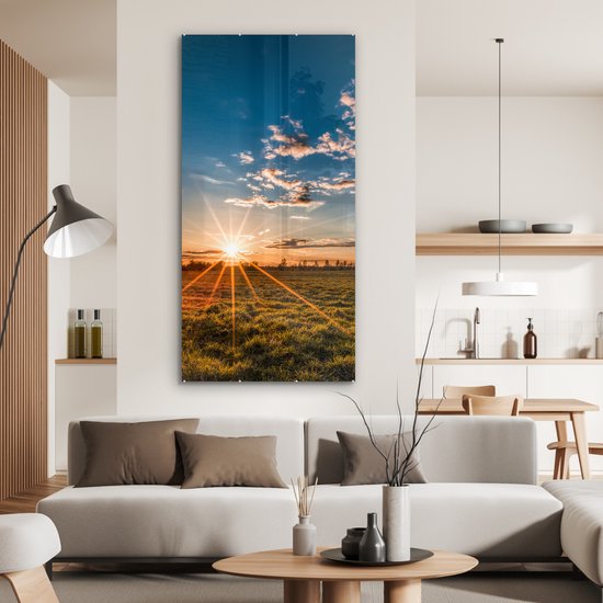 MuchoWow - Peinture sur verre - Photo sur verre - Herbe - Coucher de soleil - Nuages ​​- Nature - 80x160 cm - Décoration murale - Verre acrylique - Peinture nature - Peinture sur verre