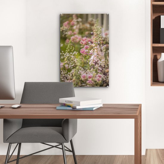 ® Glasschilderij 40x60 cm - Schilderij acrylglas - Romantisch beeld met akeleien - Foto op glas - Muurdecoratie woonkamer - Wanddecoratie slaapkamer - Schilderijen
