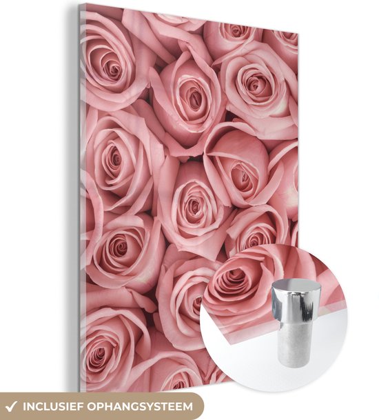 MuchoWow® Glasschilderij 90x120 cm - Schilderij acrylglas - Heel veel roze rozen - Foto op glas - Schilderijen