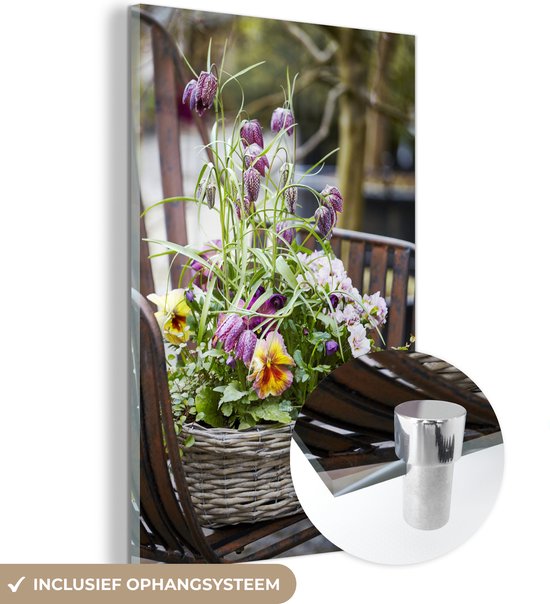 MuchoWow® Glasschilderij 80x120 cm - Schilderij acrylglas - Bloemen - Kleuren - Mand - Foto op glas - Schilderijen