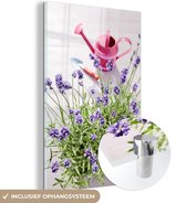 MuchoWow® Glasschilderij 40x60 cm - Schilderij acrylglas - Gieter - Bloemen - Lavendel - Foto op glas - Schilderijen
