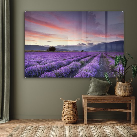 MuchoWow® Peinture sur verre 150x100 cm - Peinture sur verre acrylique - Coucher de soleil sur les lavandes - Photo sur verre - Peintures