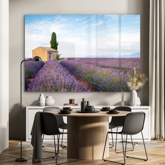 Peinture sur verre - Champ de lavande avec une maison en Provence - 150x100 cm - Peintures sur Verre Peintures - Photo sur Glas
