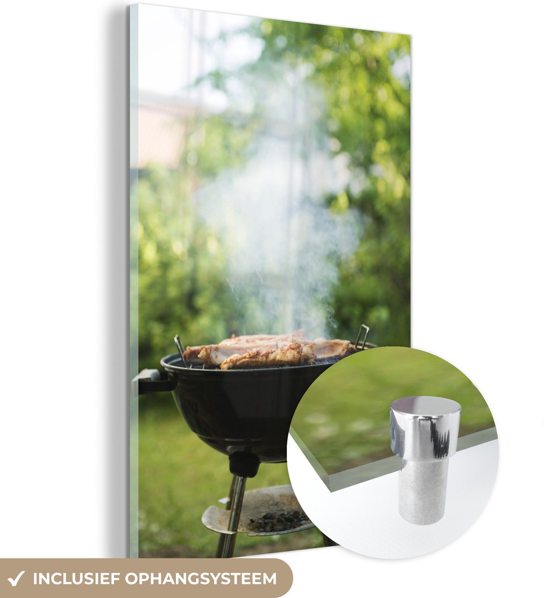 MuchoWow® Glasschilderij 120x180 cm - Schilderij acrylglas - BBQ - Buiten - Vlees - Foto o