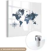 MuchoWow® Glasschilderij 50x50 cm - Schilderij acrylglas - Wereldkaart - Blauw - Kompas - Foto op glas - Schilderijen