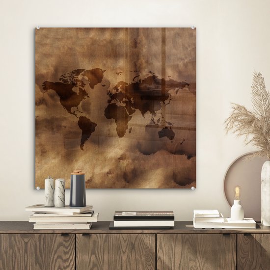 MuchoWow® Glasschilderij 50x50 cm - Schilderij acrylglas - Wereldkaart - Retro - Bruin - Foto op glas - Schilderijen