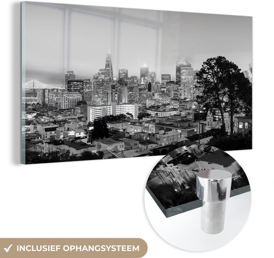 MuchoWow® Glasschilderij - De schemering in San Francisco - zwart wit - 160x80 cm - Acrylglas Schilderijen - Foto op Glas