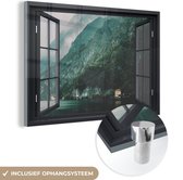 MuchoWow® Glasschilderij 60x40 cm - Schilderij acrylglas - Doorkijk - Water - Berg - Foto op glas - Schilderijen