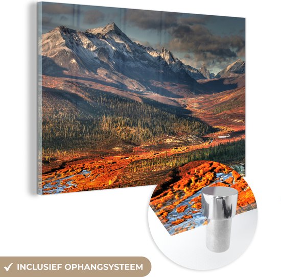 MuchoWow® Glasschilderij 30x20 cm - Schilderij acrylglas - Bergen - Natuur - Canada - Foto op glas - Schilderijen