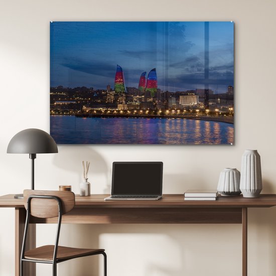 MuchoWow® Glasschilderij 90x60 cm - Schilderij acrylglas - Gekleurde Flame Towers in Azerbeidzjan - Foto op glas - Schilderijen