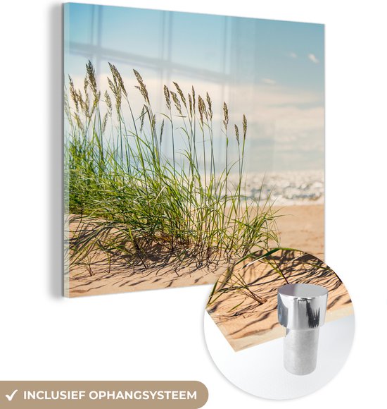 MuchoWow® Glasschilderij 50x50 cm - Schilderij acrylglas - Grassprieten in de duinen - Foto op glas - Schilderijen
