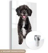MuchoWow® Glasschilderij 40x60 cm - Schilderij acrylglas - Zwart met witte hond op witte achtergrond - Foto op glas - Schilderijen
