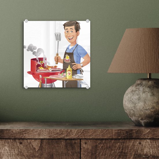 MuchoWow® Peinture sur verre 20x20 cm - Peinture sur verre acrylique - Illustration d'un homme préparant de la nourriture sur le barbecue - Photo sur verre - Peintures