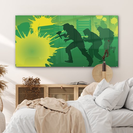 MuchoWow® Peinture sur Verre - Une Illustration Verte de Paintball sur un Terrain - 160x80 cm - Peintures sur Verre Peintures - Photo sur Glas