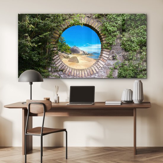 MuchoWow® Glasschilderij 160x80 cm - Schilderij acrylglas - Zomer - Strand - Doorkijk - Tropical - Foto op glas - Muurdecoratie woonkamer - Wanddecoratie slaapkamer - Schilderijen