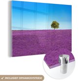 MuchoWow® Glasschilderij 120x80 cm - Schilderij acrylglas - Boom - Paars - Lucht - Lavendel - Foto op glas - Schilderijen