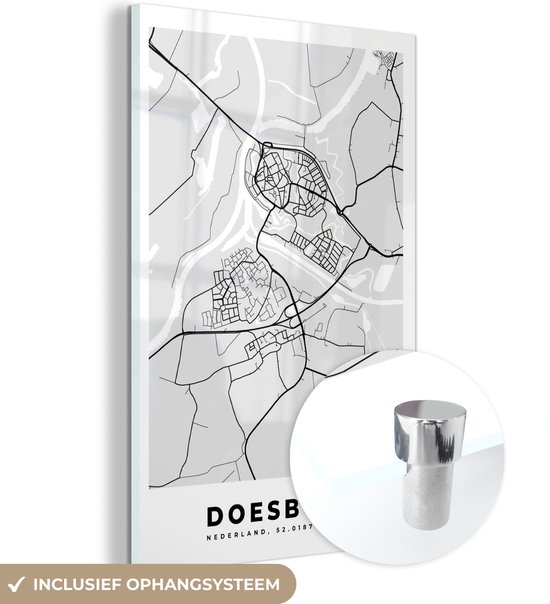 MuchoWow® Peinture sur verre 40x60 cm - Peinture sur verre acrylique - Doesburg - Nederland - Carte - Plan d'étage - Plan de la ville - Zwart et Wit - Photo sur verre - Peintures