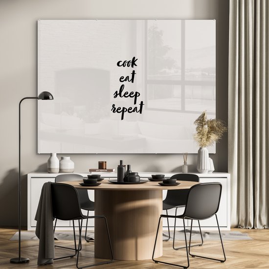 MuchoWow® Peinture sur verre 160x120 cm - Peinture sur verre acrylique - Citations - Nourriture - Dictons - Cuisiner, manger, dormir, répéter - Cuisine - Photo sur verre - Peintures