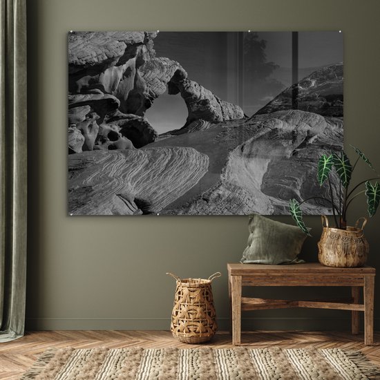 MuchoWow® Peinture sur verre 150x100 cm - Peinture sur verre acrylique - Rochers de grès - noir et blanc - Photo sur verre - Peintures