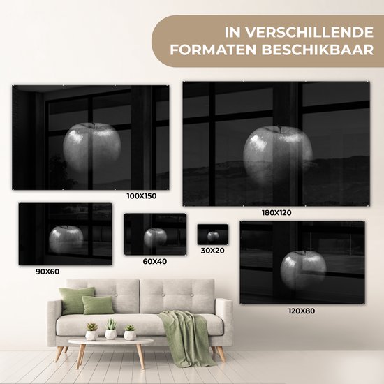 MuchoWow® Peinture sur verre 180x120 cm - Peinture sur verre acrylique - Pomme - noir et blanc - Photo sur verre - Peintures