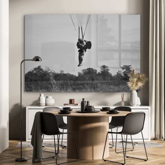 MuchoWow® Peinture sur verre 180x120 cm - Peinture sur verre acrylique - Amérique - Zwart - Wit - Parachute - Photo sur verre - Peintures
