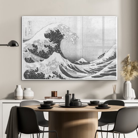® Glasschilderij 90x60 cm - Schilderij acrylglas - De grote golf bij Kanagawa - Schilderij van Katsushika Hokusai - Foto op glas - Muurdecoratie woonkamer - Wanddecoratie slaapkamer - Schilderijen