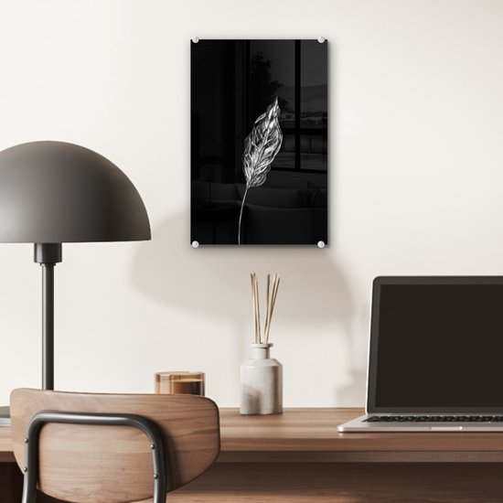 MuchoWow® Peinture sur Verre - Feuille fine sur fond noir - noir et blanc - 20x30 cm - Peintures sur Verre Acrylique - Photo sur Glas