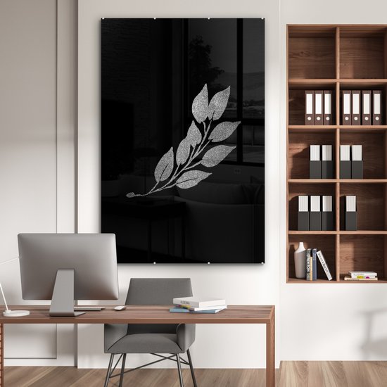 MuchoWow® Peinture sur Verre - Branche avec feuilles allongées sur fond noir - noir et blanc - 100x150 cm - Peintures sur Verre Acrylique - Photo sur Glas
