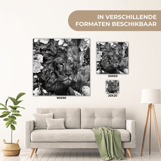 Peinture sur Verre - Lion - Fleurs - Feuille - Zwart - Wit - 90x90 cm - Peintures sur Verre Peintures - Photo sur Glas
