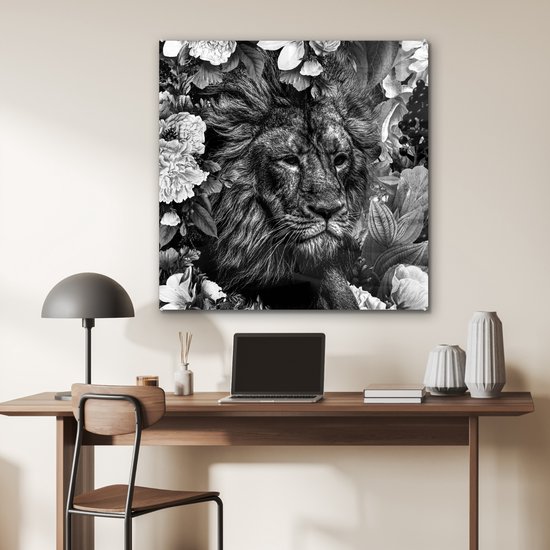 Peinture sur Verre - Lion - Fleurs - Feuille - Zwart - Wit - 90x90 cm - Peintures sur Verre Peintures - Photo sur Glas