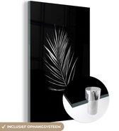 MuchoWow® Glasschilderij 60x90 cm - Schilderij acrylglas - Blad in de vorm van een veer op een zwarte achtergrond - zwart wit - Foto op glas - Schilderijen