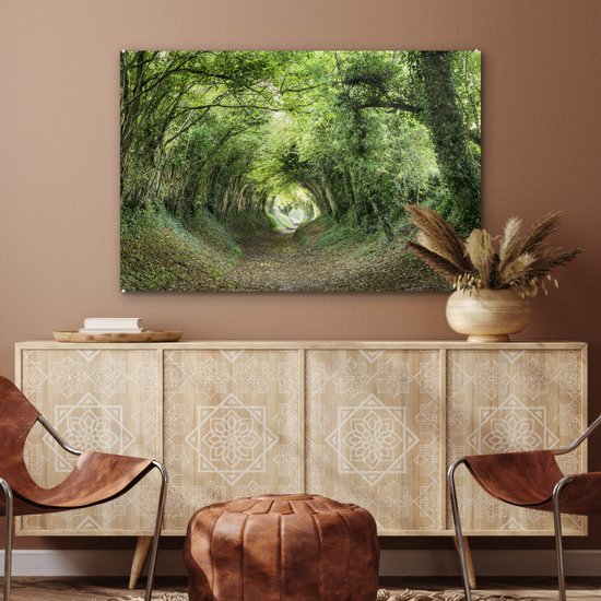 MuchoWow® Glasschilderij 120x80 cm - Schilderij acrylglas - Bos - Weg - Tunnel - Foto op glas - Schilderijen