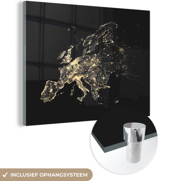 Peinture sur Verre - Carte - Europe - Zwart - Or - 120x90 cm - Peintures sur Verre Peintures - Photo sur Glas