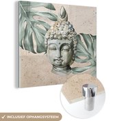 MuchoWow® Glasschilderij 20x20 cm - Schilderij acrylglas - Boeddha - Hoofd - Bladeren - Foto op glas - Schilderijen