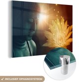 MuchoWow® Glasschilderij 150x100 cm - Schilderij acrylglas - Boeddha - Bloem - Licht - Foto op glas - Schilderijen